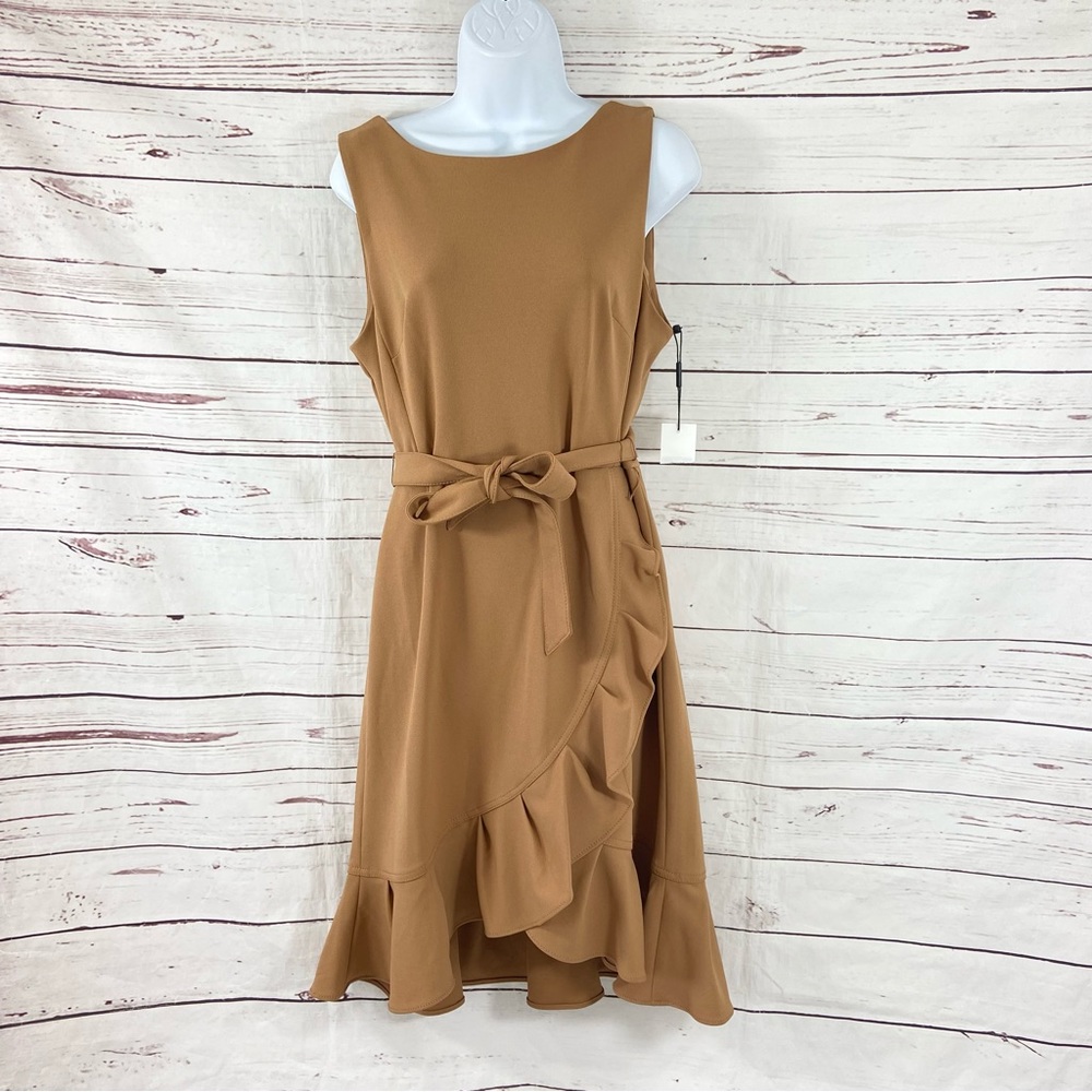 Calvin Klein Dress Women’s 12 Brown Ruffled‎ Tulip-Hem Sleeveless Tie Waist